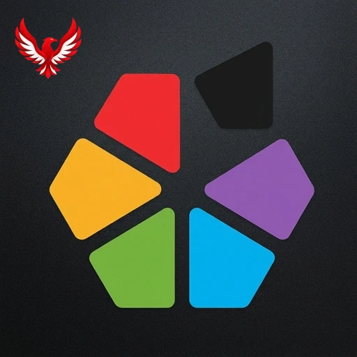 Logo resmi lk21, emblem lingkaran segmen warna-warni di latar abu gelap